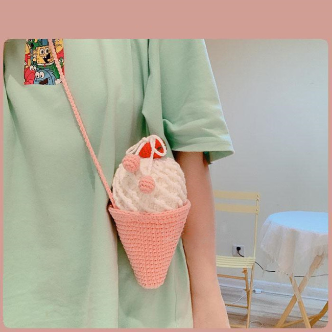 【Kectios™】甜筒冰淇淋手工diy材料包編織可愛禮物清爽斜跨束口包