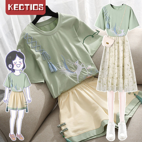【Kectios™】改良漢服套裝女夏季2021新款復古國潮上衣闊腿短褲兩件套【爆款預售15天】