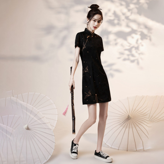 【Kectios™】國潮印花改良旗袍2021新款黑色年輕款連衣裙