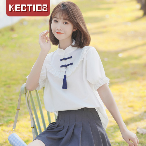 【Kectios™】新款百搭立領襯衫盤扣荷葉邊短袖夏裝