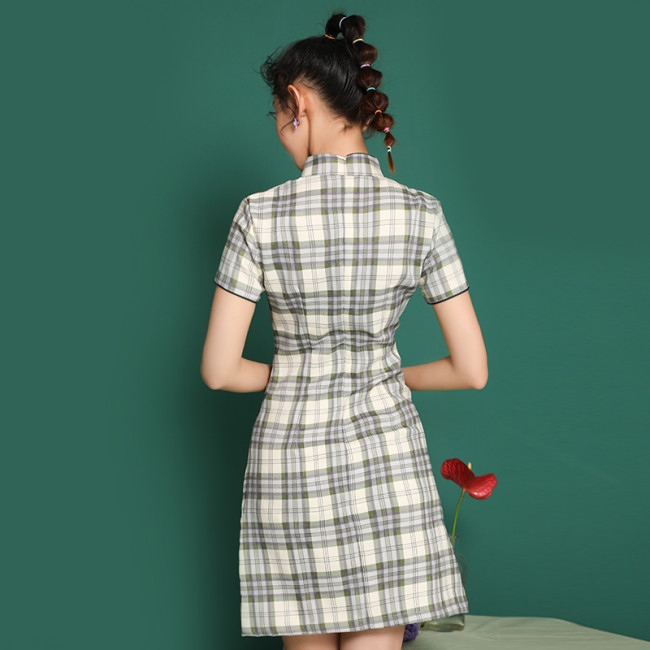 【Kectios™】民國風少女年輕款格子短款小個子修身短款改良版旗袍連衣裙