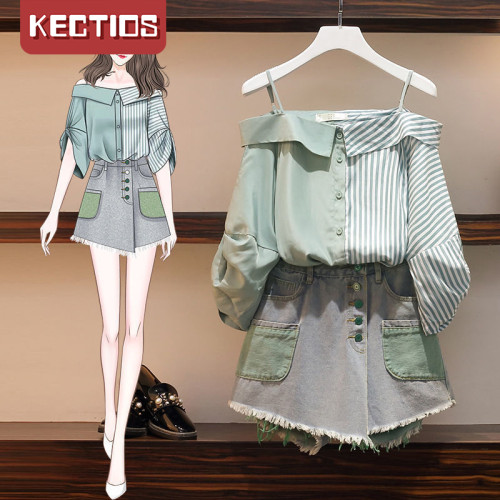 【Kectios™】新款露肩短袖條紋襯衫顯瘦牛仔短褲套裝
