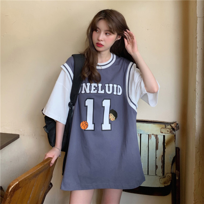 【Kectios™】新款網紅寬鬆籃球服中長款假兩件白色百褶裙套裝