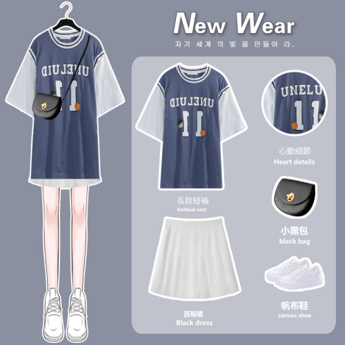 【Kectios™】新款網紅寬鬆籃球服中長款假兩件白色百褶裙套裝