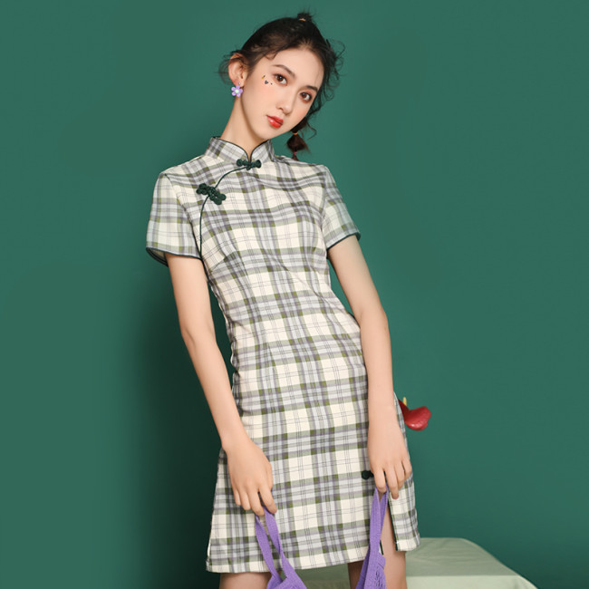 【Kectios™】民國風少女年輕款格子短款小個子修身短款改良版旗袍連衣裙