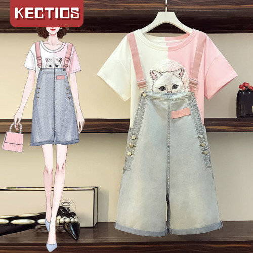 【Kectios™】時尚洋氣顯瘦減齡牛仔背帶褲兩件套夏季