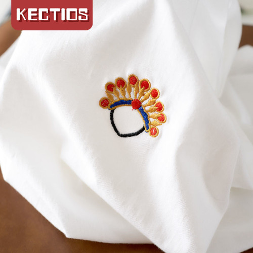 【Kectios™】2021新款短袖噸卹女寬鬆男女同款國潮古風刺繡情侶裝棉半袖