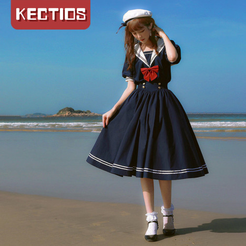 【Kectios™】海軍領jk制服裙學院風連衣裙女長款夏裝泡泡袖復古小眾氣質小裙子