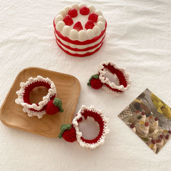 【Kectios™】可愛毛線草莓蛋糕編織髮圈甜美百搭頭繩發繩手環少女心髮飾品