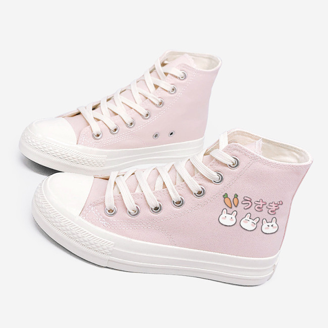【Kectios™】甜美軟妹粉色可愛卡通印花帆布鞋女高幫鞋子