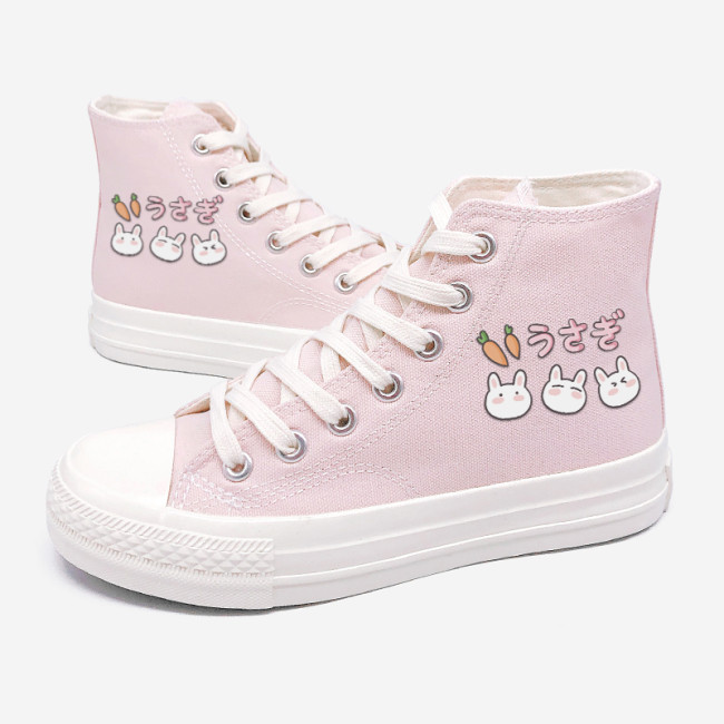 【Kectios™】甜美軟妹粉色可愛卡通印花帆布鞋女高幫鞋子