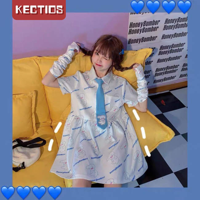 【Kectios™ 】夏季新款可愛甜美中長款休閒印花連衣裙寬鬆女學生仙女裙韓版裙子