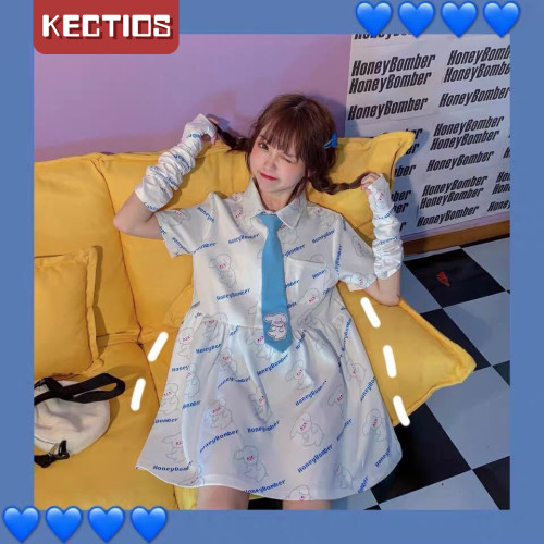 【Kectios™ 】夏季新款可愛甜美中長款休閒印花連衣裙寬鬆女學生仙女裙韓版裙子