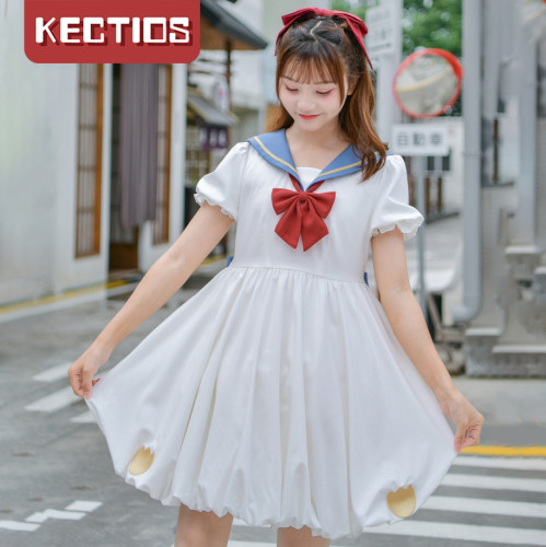 【Kectios™ 】萌趣蓬蓬裙學院風海軍領白色短袖連衣裙夏