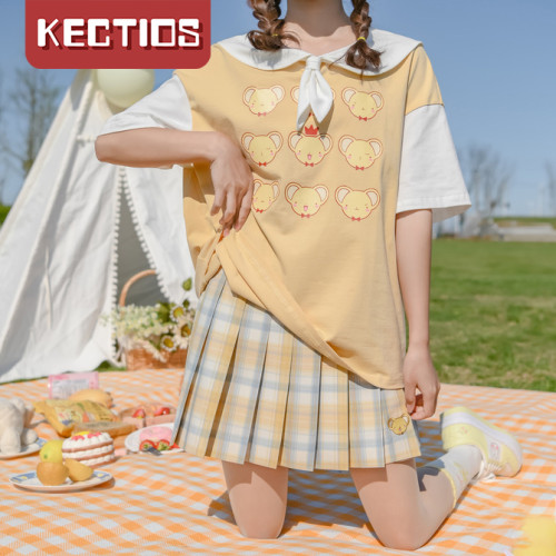 【Kectios™ 】魔卡少女櫻萌趣別致娃娃領軟萌拼接T恤+正版學院風百褶裙套裝
