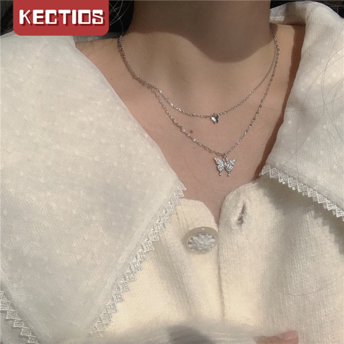【Kectios™】雙層蝴蝶項鍊~閃鑽2021春夏新款潮頸鍊女ins韓國百搭冷淡風鎖骨鏈