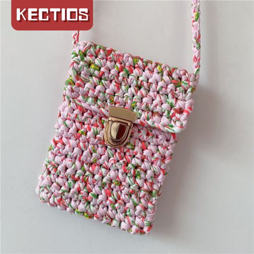 【Kectios】手機袋手工編織包包布條線收納袋泫雅同款編織包手機包零錢小挎包