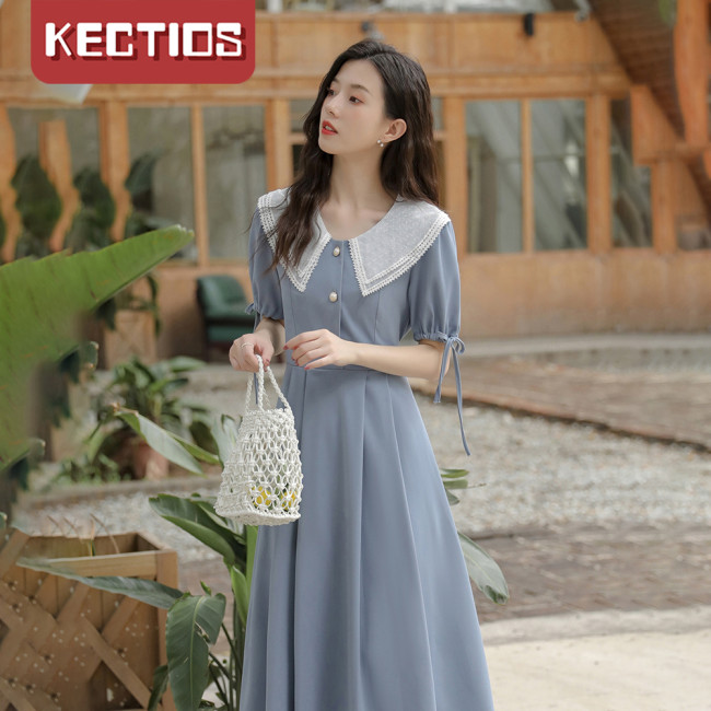【Kectios™ 】2021新款夏裙子收腰長裙氣質法式初戀茶歇娃娃領泡泡袖連衣裙女夏