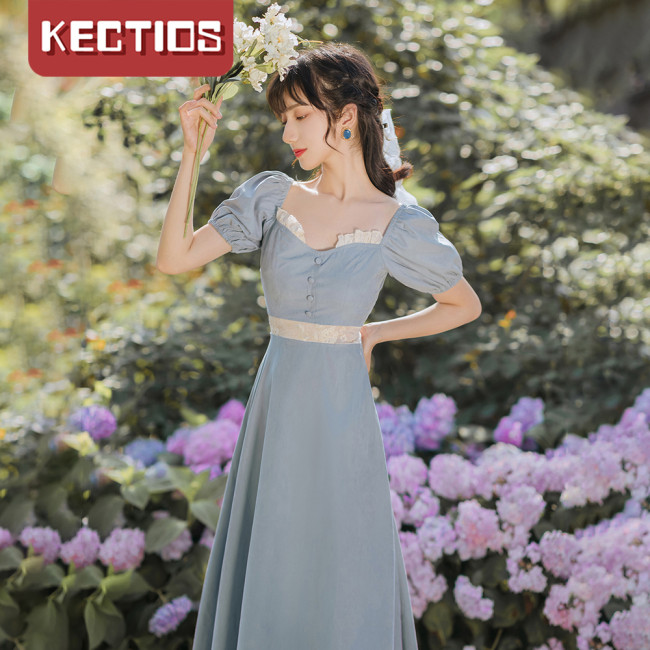 【Kectios™ 】法式復古方領泡泡袖連衣裙鏤空收腰顯瘦氣質超仙連衣裙