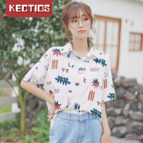 【Kectios™】少女卡通圖案花襯衫清新寬鬆雪紡襯衫