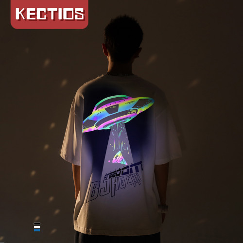 【Kectios™】夏季反光鐳射漸變飛碟印花未來感寬鬆短袖T恤