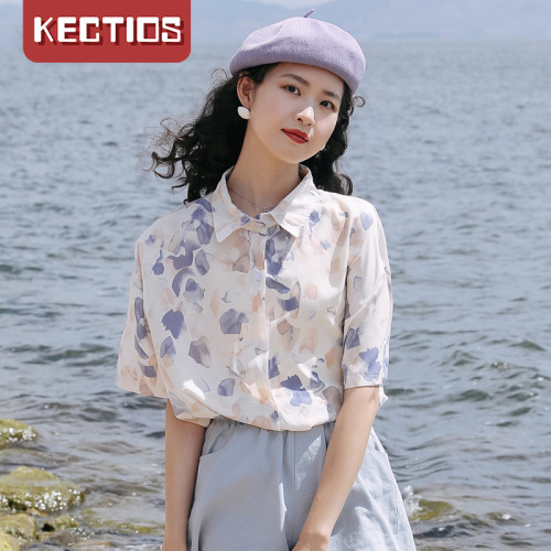【Kectios™】雪紡短袖花襯衫薄款女2021夏新款設計感小眾寬鬆上衣