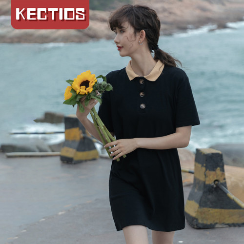 【Kectios™】純棉連衣裙女夏裝2021新款洋氣減齡時尚學生中長款polo領T恤裙