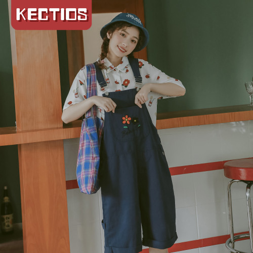 【Kectios™】牛仔背帶七分褲女小花刺繡寬鬆藏青色學院風減齡甜美