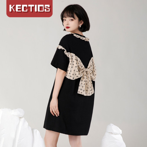 【Kectios™】日系大蝴蝶結T恤裙夏季寬鬆氣質甜美直筒黑色連衣裙