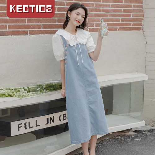 【Kectios™】藍色牛仔背帶裙2021年夏季新款韓版寬鬆繡花設計感小眾甜美連衣裙