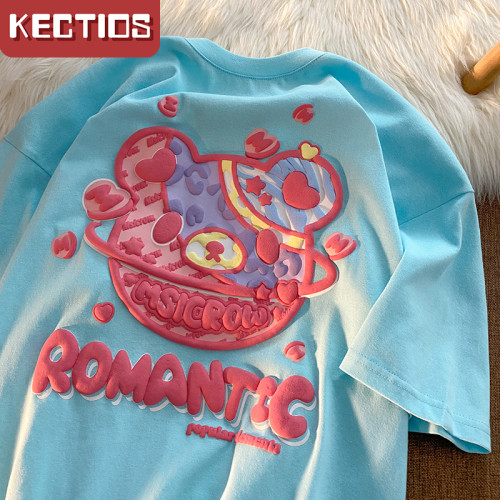 【Kectios™】快樂星球小熊夏天潮牌短袖T恤男女生情侶上衣ins可愛寬鬆百搭上衣