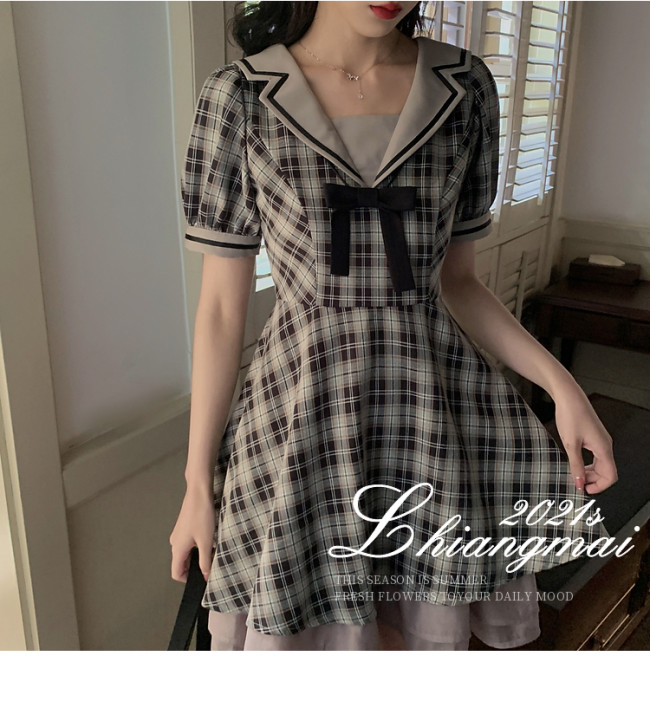 【Kectios™】學院風復古格紋連衣裙女2021春夏新款收腰顯瘦甜美少女裙
