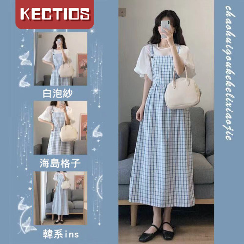 【Kectios™】夏季新款鹽系套裝女設計感泡泡袖T恤+法式吊帶格子連衣裙兩件套【15天內發貨】