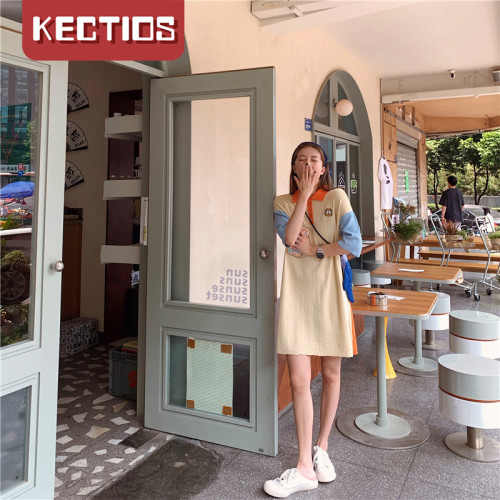 【Kectios™】2021年夏季新款卡通拼色短袖polo裙寬鬆減齡學院風針織連衣短裙女