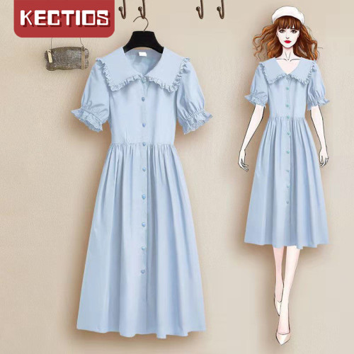 【Kectios™】娃娃領連衣裙薄款少女2021夏季新款顯瘦初戀小清新收腰棉麻裙