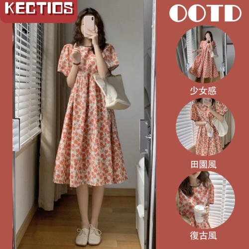 【Kectios™】2021夏季法式小眾設計感甜美初戀溫柔風碎花泡泡袖圓領連衣裙子女