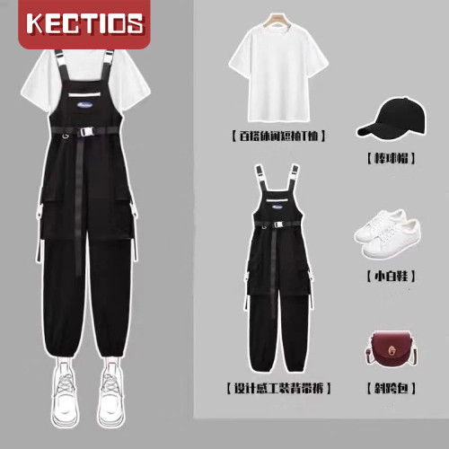 【Kectios™】夏季港風復古chic工裝背帶褲減齡兩件套時尚套裝2021年新款