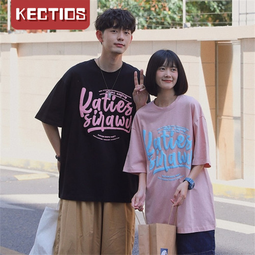 【Kectios™】2021夏季新款發泡字母印花短袖T恤潮牌寬鬆情侶T恤