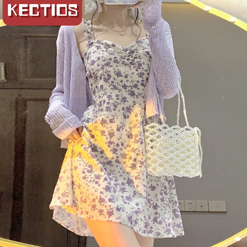 【Kectios™】單件套裝碎花吊帶連衣裙+針織防曬開衫女夏設計感小個子氣質短裙