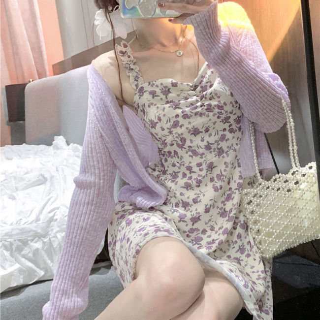 【Kectios™】單件套裝碎花吊帶連衣裙+針織防曬開衫女夏設計感小個子氣質短裙