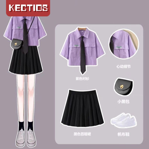 【Kectios™】夏季新款復古港味設計感短款襯衫顯瘦工裝襯衣套裝