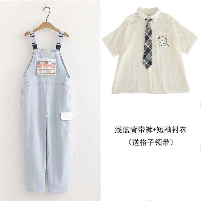 【Kectios™】新款夏季韓版寬鬆可愛印花襯衣+直筒背帶褲兩件套