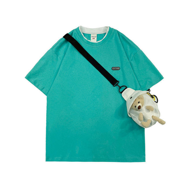 【Kectios™】小熊T恤韓版寬鬆原宿風設計感配包男女情侶假兩件短袖