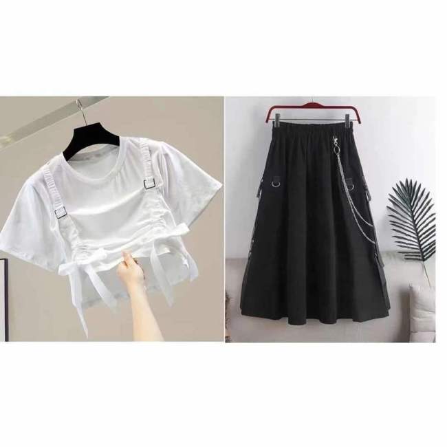 【Kectios™】2021夏季時尚套裝女學生韓版寬鬆設計感短袖T卹+工裝半身裙兩件套