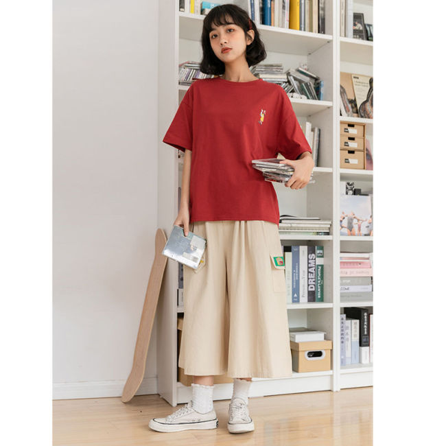 【Kectios™ 】2021新款套裝女學生韓版寬鬆印花短袖T卹+高腰七分闊腿褲兩件套潮