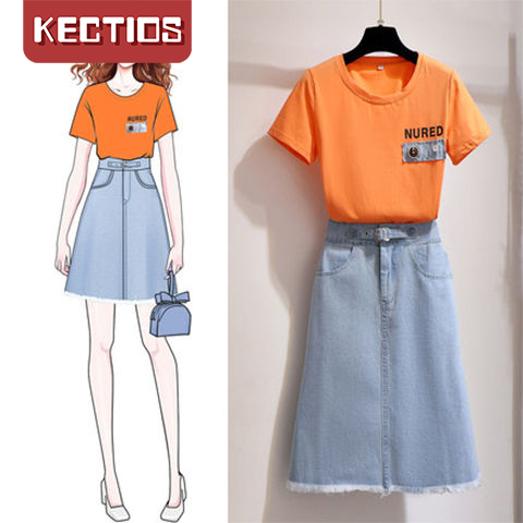 【Kectios™】夏新款小清新套裝裙子洋氣減齡高腰牛仔半身裙大碼兩件套