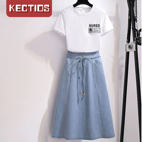 【Kectios™】夏季女牛仔裙套裝新款95%棉上衣小清新二件套洋氣時尚半身裙