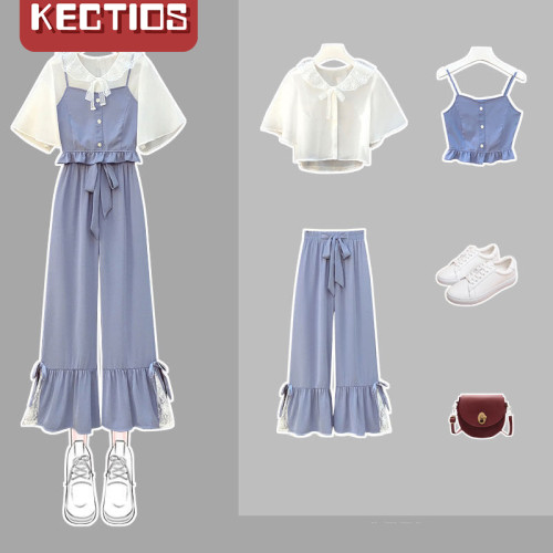【Kectios™】【三件套】時尚套裝女夏新款寬鬆吊帶背心+雪紡上衣+高腰闊腿褲潮