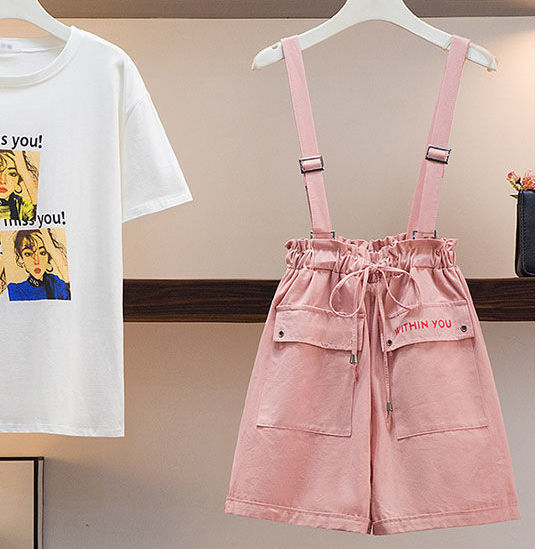 【Kectios™】夏季學院風套裝女學生韓版寬鬆印花T卹+收腰休閒背帶短褲兩件套