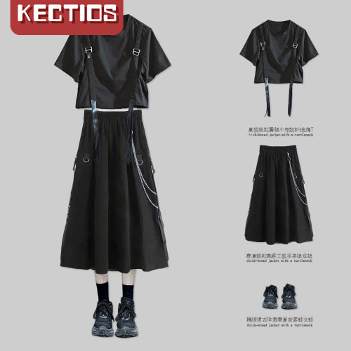 【Kectios™】2021夏季時尚套裝女學生韓版寬鬆設計感短袖T卹+工裝半身裙兩件套
